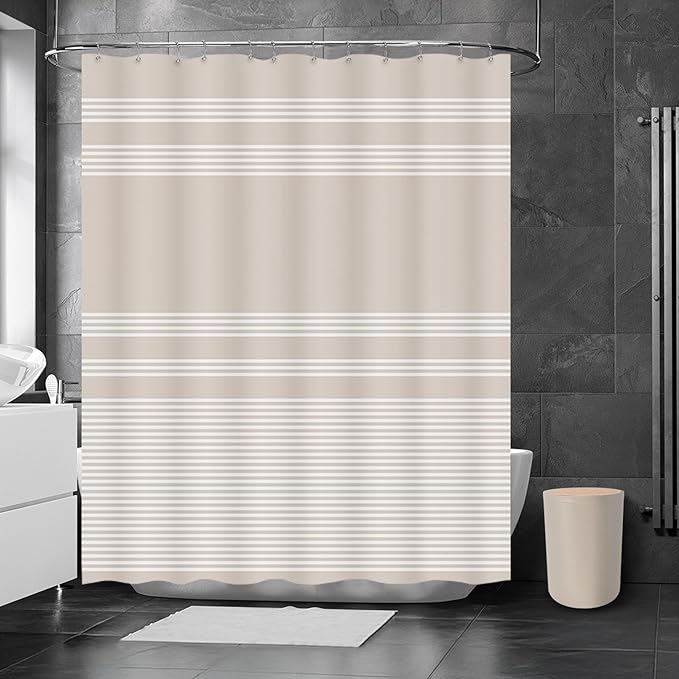 Britimes Bathroom Accessories Sets, Boho Shower Curtain Set with Trash Can, Soap Dispenser, Toilet Brush Holder, Toothbrush Holder and Toothbrush Cup for Bathroom Decor (Beige)