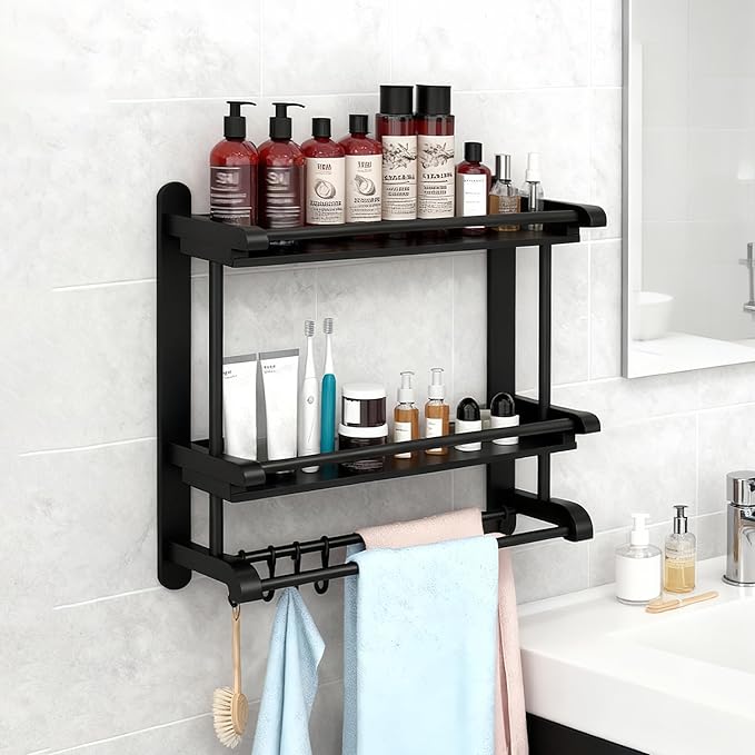 Stainless Steel Shower Organizer with Towel Bar - Rustproof Bathroom Shelf with Ventilated Design, Wall Mounted 2-Tier Storage Rack for Bath Products & Hanging Towels (Black)