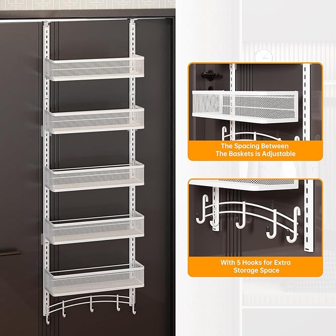 Space-Saving Over The Door Organizer with 5 Adjustable Baskets & 5 Hooks, Metal Wall Mount Storage Rack, Behind The Door Storage for Bathroom, Kitchen, Pantry, Laundry Room (White)