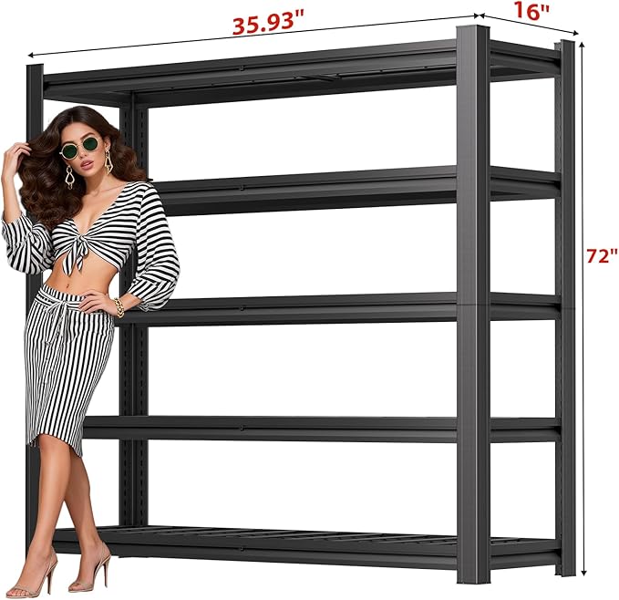 5-Tier Metal Garage Shelving Unit | Adjustable Garage Shelving, Store Shelving, 2,500-Pound Capacity, 72 x 35.93 x 16 Inches, Easy to Assemble,Ideal for Garage and Basement Storage(72H*35.93W*16D)
