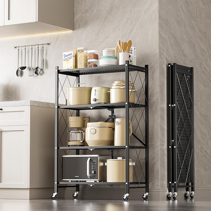 HealSmart Heavy Duty 4-Tier Foldable Metal Rack, 14.96" D x 27.95" W x 49.61" H Storage Shelving Unit 1000 lbs with Wheels Moving Easily Organizer Shelves Great for Garage Kitchen, Black