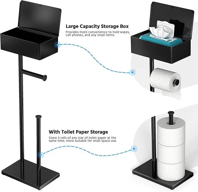 CISILY Black Toilet Paper Holder Stand with Storage Shelf, Free Standing Toilet Paper Roll Holders, Bathroom Toliet Tissue Holder Accessories Essentials
