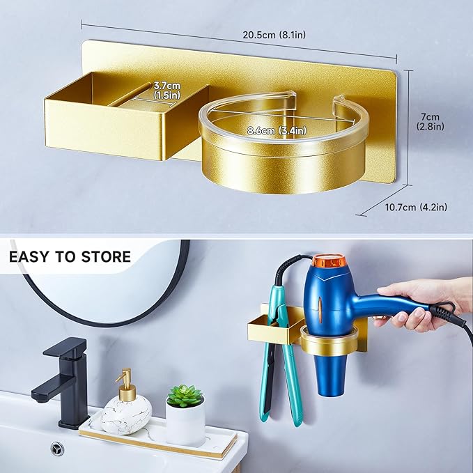 Hair Dryer Holder Wall Mounted, Hair Straightener Holder, Blow Dryer Holder Adhesive, Hair Tool Organizer for Flat Iron, Hairdryer, Curling Iron Holder for Bathroom Vanity Barber Shop (Gold)