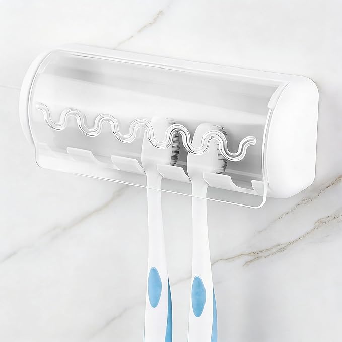 1 PCS Self Adhesive Toothbrush Holder with Cover for Bathroom, 5-Slot Wall Mounted Toothbrush Organizer Rack for Shower, Dorm, Cabinet (White)