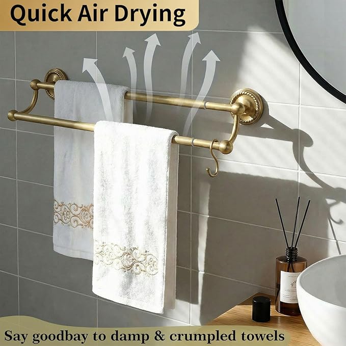 Double Towel Bar, Antique Brass Bathroom Towel Racks Wall Mounted, Adjustable Vintage Gold Towel Bar 13.4-24.8 Inch Usable Bar Length, Heavy Duty Rustproof Brass Towel Rod Holder for Bath
