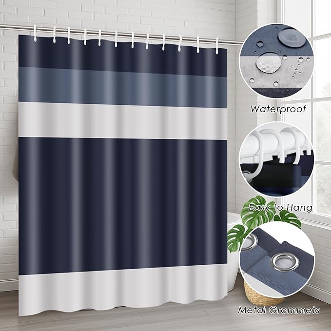 Striped Blue Shower Curtain Set with Toilet Lid Cover and Non-Slip Rugs for Bathroom, Minimalist Navy Geometric 4 Pcs Shower Curtain, Modern Bathroom Set with 12 Hooks