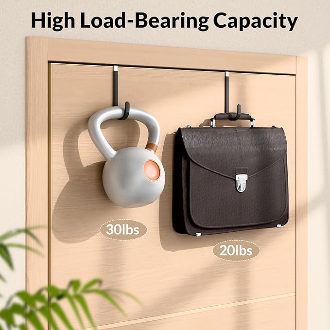 4 Pack Door Hooks for Hanging Clothes & Towels, Heavy Duty Over The Door Organizer Rack for Purses, Hats, Fits Most Standard Interior Doors (Up to 1.4")