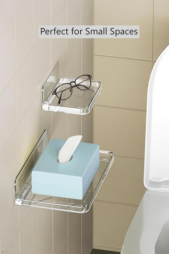 Foldable Wall Mounted Adhesive Shelf, No Drilling Plastic Storage Rack with Cord Hole,Drain Holes,Stick on Shelf for Bathroom, Kitchen, Bedroom and Living Room (Clear,Small)