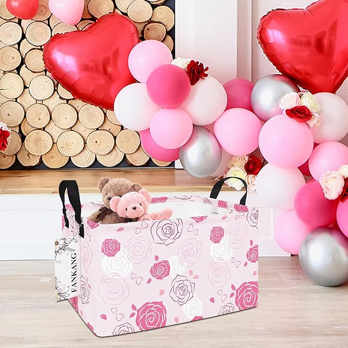 Storage Bins, Nursery Hamper Canvas Laundry Basket Foldable with Waterproof PE Coating Large Storage Baskets for Kids Boys and Girls, Office, Bedroom, Clothes,Toys(Rec-Pink roses ）