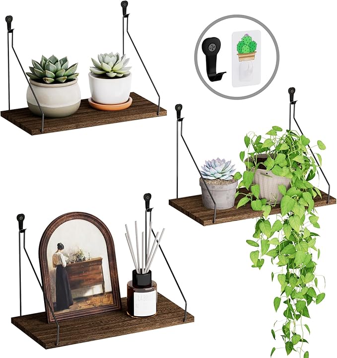 QsQueen Elevate Your Space with Rustic Wood Floating Shelves Set of 3- Perfect for Bedroom, Living Room, Bathroom, and Kitchen Decor - Easy Installation, No Drilling Needed! Brown