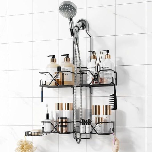 Adjustable Height Shower Caddy Hanging for Handheld Shower Heads, Shower Racks with Soap Holder 8 Hooks, No-Drilling, Anti-Swing, Bathroom Storage Shower Organizer