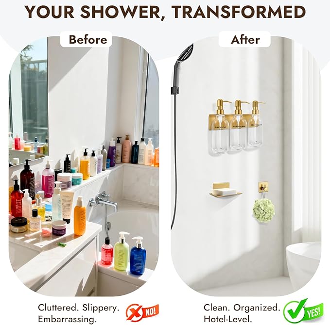 KOUCHU Shampoo and Conditioner Dispenser Set - Wall Mounted Shower Soap Dispenser - 17oz No-Drill Refillable Plastic Pump Bottles for Bathroom Kitchen - Includes Soap Dish and Hook (Transparent)