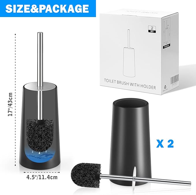Toilet Brush and Holder, 2 Pack Toilet Brush with 304 Stainless Steel Long Handle, Toilet Bowl Brush for Bathroom Toilet-Ergonomic, Elegant,Durable (Black)