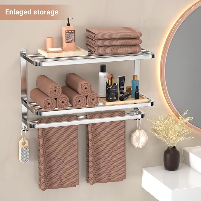 23 Inches 3-Tier Towel Racks for Bathroom with Towel Bars Multilayer Hotel Towel Shelf Stainless Steel Wall-Mounted Brushed Finish Holder with Towel Shelves