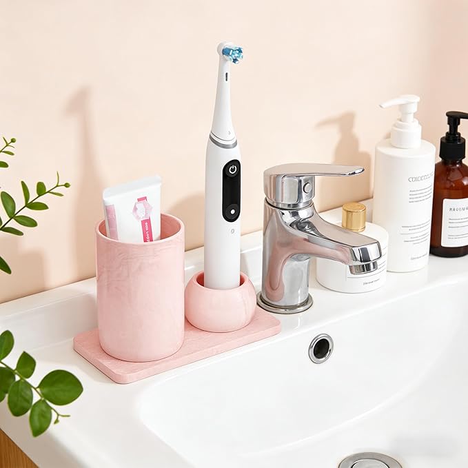 Ceramic Toothbrush Holder & Toothbrush Cup with Diatomite Tray for Bathroom, Bathroom Tumbler Cups Reusable Toothbrush Mouthwash Cup, Shower Counter Storage Organizer (Pink)