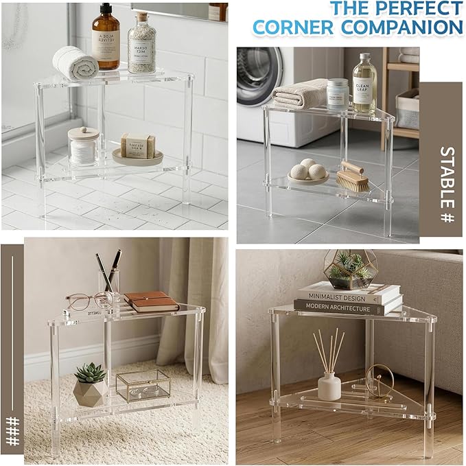 Acrylic Corner Shower Stool for Shaving Legs - Clear Triangle Shower Stool with 2-Tier Storage Shelf - Modern Bathroom Step Stool - Includes 1 Bath Sponge & 2 Shower Loofahs for Exfoliation