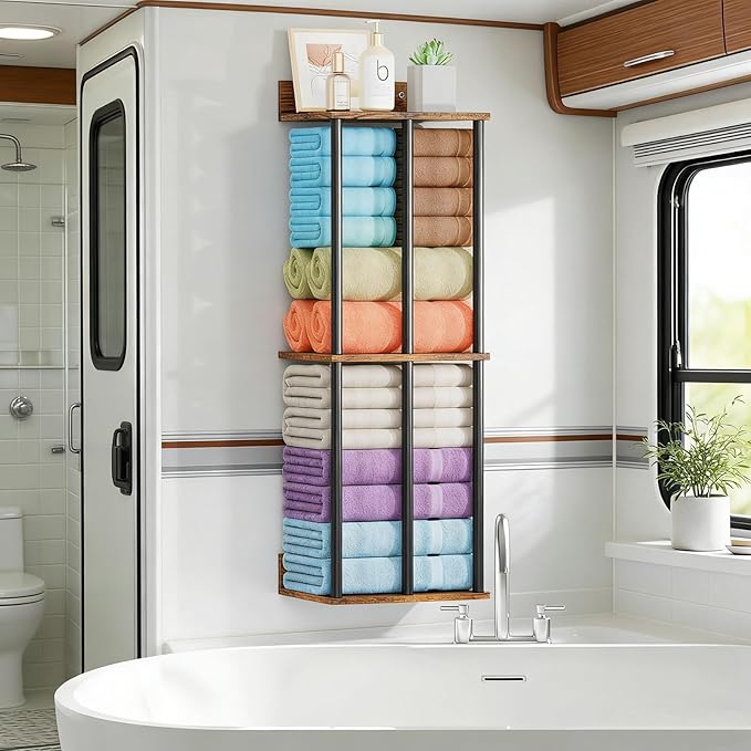 Towel Racks for Bathroom Wall Mounted with Shelf, Updated 3 Bar Bathroom Towel Holder Bath Storage Rack for Rolled Towel, Metal Small Bathrooms Towel Storage Rack, Rustic
