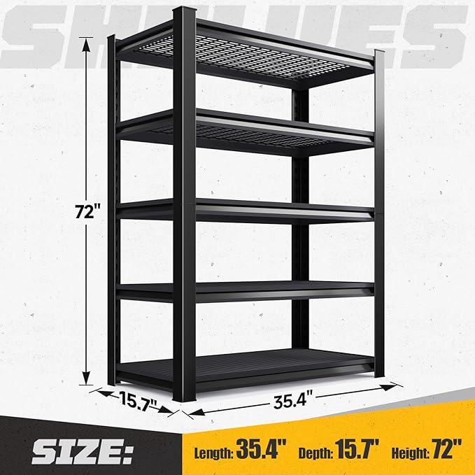 Garage Shelving, 2000LBS Garage Storage Shelves, 5-Tier Heavy Duty Shelves, Utility Adjustable Metal Shelving Unit, 72" H x 35.4" W x 15.7" D Storage Shelf for Warehouse, Basement, Closet