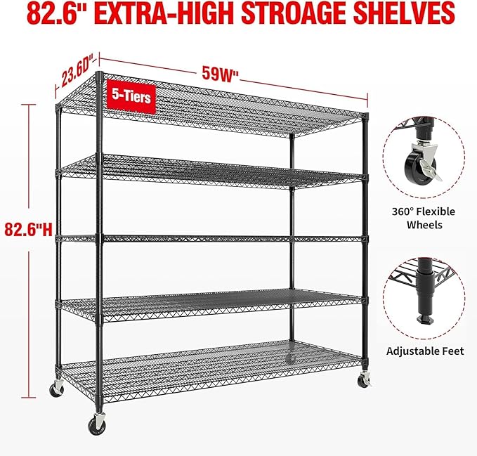 5-Tier Tall Steel Garage Shelving with Wheels, Heavy Duty Storage Rack, 3300 Lbs Capacity, Adjustable Industrial Shelves for Garage, Workshop, or Warehouse, 23.6" D x 59" W x 82.6" H