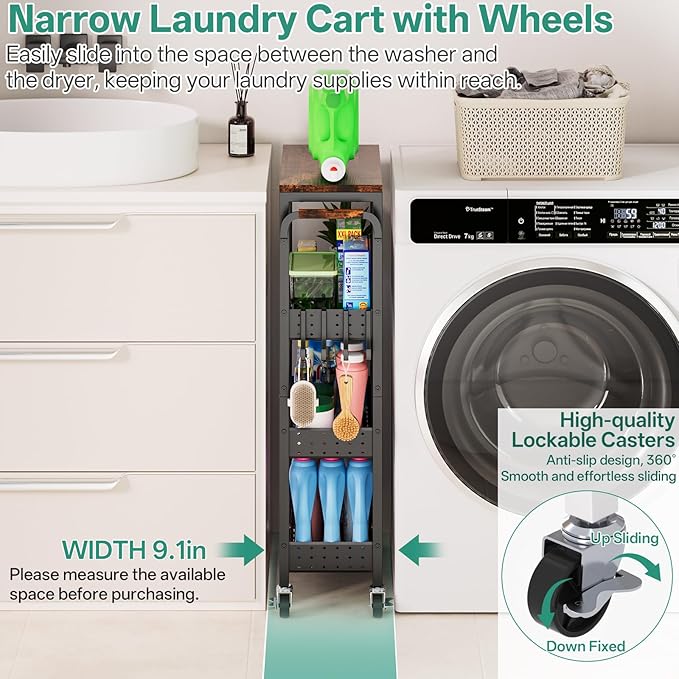DTUQYX Slim Bathroom Storage Cart, 4 Tier Small Rolling Organizer Cabinet with Wood Top Handle, Mobile Shelving Unit Slide Out for Office, Kitchen, Laundry Room & Narrow Places (9.1" Overall Width)