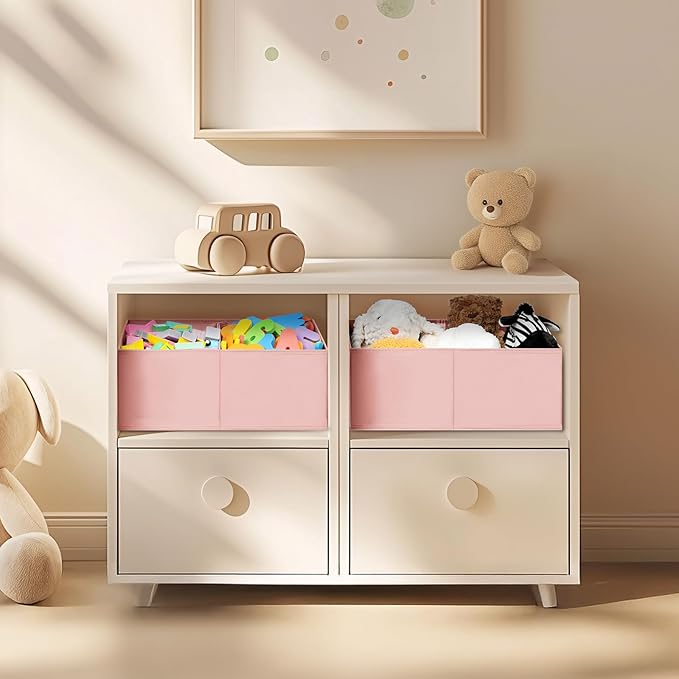DIMJ Large Closet Shelf Organizer Bins 6 Packs with Handles and Divider, Fabric Trapezoid Storage Baskets, Foldable Clothes Containers Box for Shelf, Towel, Book, Toy, Purse, Hats, Pink