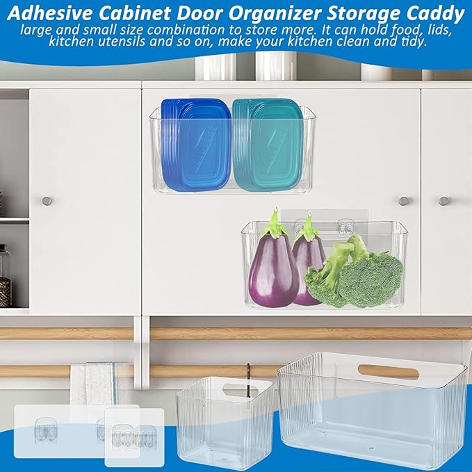 4 PCS 2 Size Plastic Adhesive Mount Over Cabinet Door Organizer, Under Sink Door Storage Shelf Refrigerator Side Storage Box, Wall Organization Container for Kitchen Bathroom Office