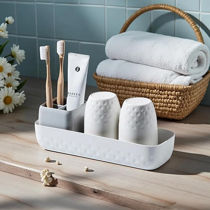 Toothbrush Holder for Bathroom, Electric Toothbrush and Toothpaste Organizer with 2 Cups, Bathroom Accessories Set for Kids and Families, White & Grey