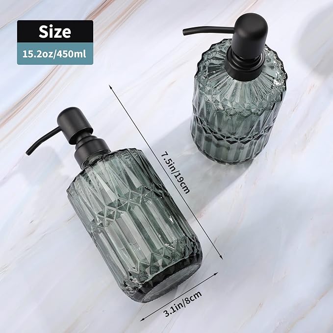 Segbeauty Glass Soap Dispenser Set, 2 Pack 15.2oz Farmhouse Kitchen Decor Stainless Steel Pump Bottles, 450ml Refillable Shower Bottle Hand Soap Dispenser for Modern Home Bathroom Western Decor Green