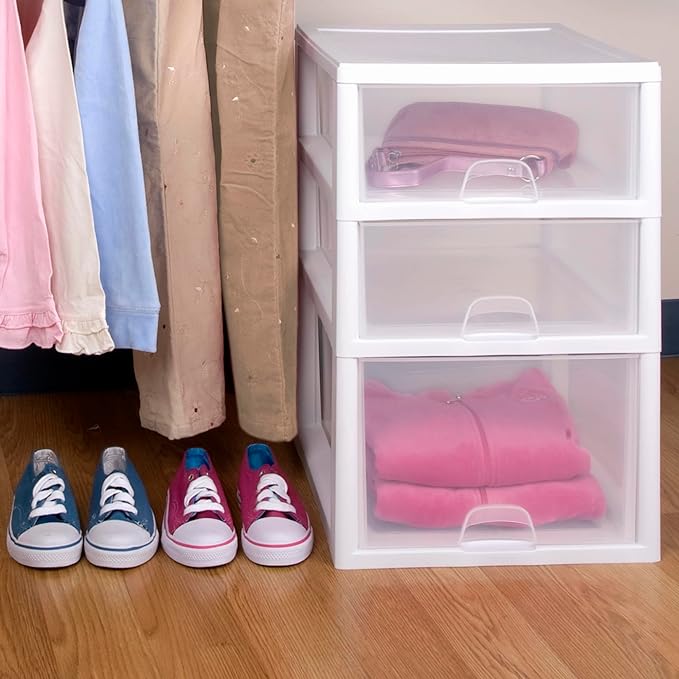 Sterilite 24-Pack 16 Quart Stacking Drawer, Clear Storage Closet Organizer, White Frame - Stackable Modular Plastic Drawers for Clothes, Accessories, Craft Supplies, Shoes or Linens