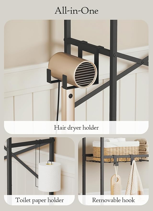 Quikraen 4 Tier Over The Toilet Storage Shelf with 3 Adjustable Shelves, Space Saver Bathroom Organizer with 4 Hooks, Freestanding Above Toilet Rack for Restroom Laundry (Black)