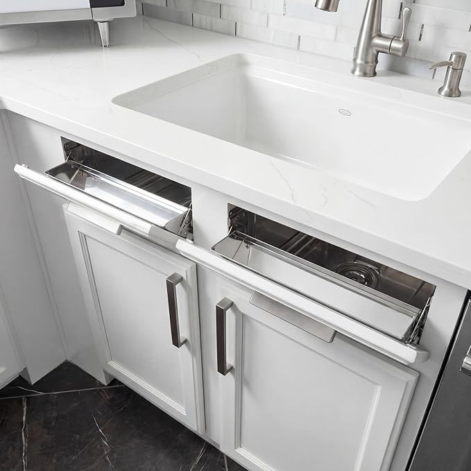 1 Set 28 Inch Stainless Steel Sink Drawer Pivot Hinge Kit Include Tip Out Tray for Sink and Hinges Large Pull Out Storage Organizer for Kitchen Bathroom Base Cabinets