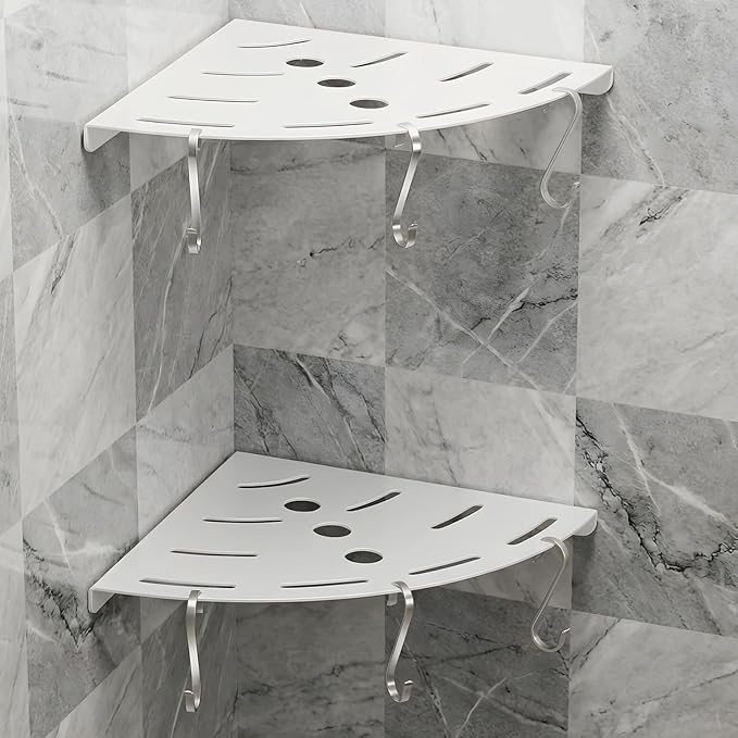 2 Pack Corner Shower Shelves, 304 Stainless Steel Corner Shelf Bathroom with 6 Hooks 40 lbs Heavy Duty, Durable for Inside Shower Brushed Nickel Drilling Installation（White