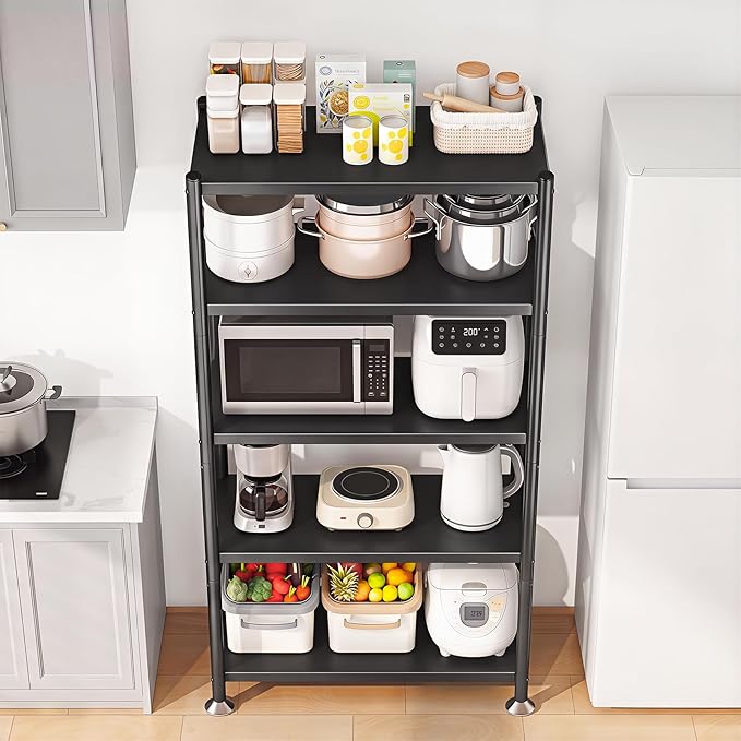 5 Tier Adjustable Storage Shelves, Heavy Duty Metal Storage Rack with Wheels, Shelving Units Utility Shelf for Kitchen, Pantry, Bathroom, Garage, Office Organization and Storage, Black, 13"x24"x59.7"
