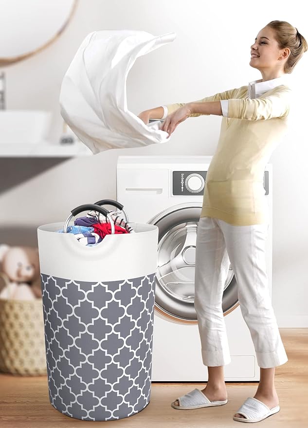 Fabspace Large Laundry Basket Laundry Hamper Bag Washing Bin Clothes Bag Collapsible Tall with Handles Waterproof Travel Bathroom College Essentials Storage for College Dorm, Family (Grey) 82L