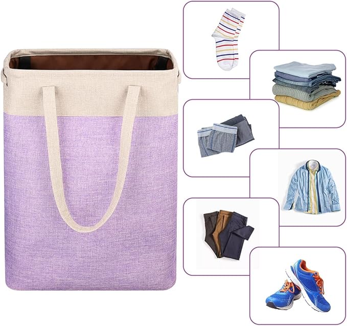 Laundry Basket with Handles Beige&Purple Slim Laundry Bin Collapsible Dirty Clothes Basket Narrow Laundry Bag Foldable Dirty Hamper for Camping, Dorms, Apartments