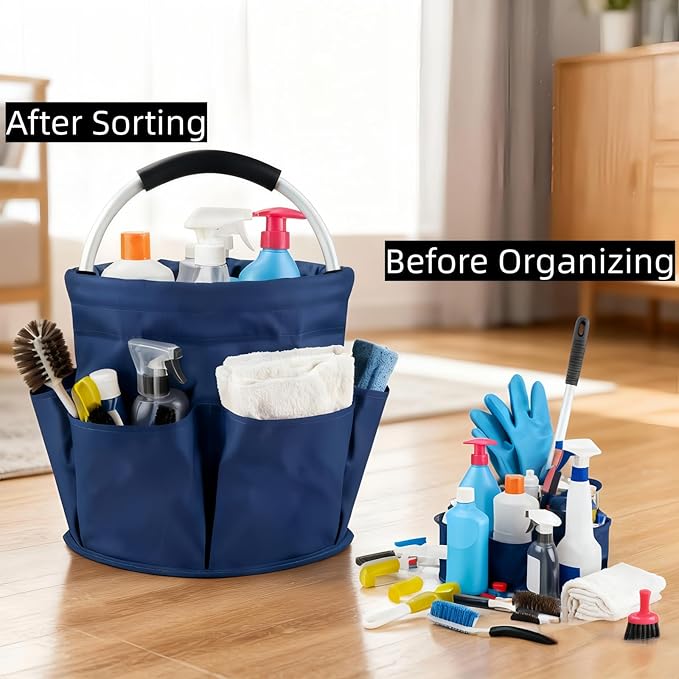 17L Collapsible Cleaning Caddy with Handle - Heavy Duty Oxford Cleaning Supplies Organizer - Multi-Pocket Foldable Storage Bucket for Housekeeping, Car Wash, Gardening & Camping (Navy Blue)