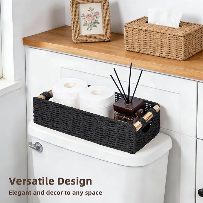 CubesLand Back of Toilet Storage Basket for Organizing w/Cut Out Handle, Handwoven Toilet Tank Top Paper Baskets, Wicker Decorative Basket for Countertop, Home Decor, Living Room, Nursery, Black