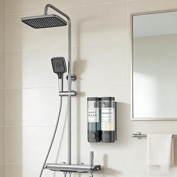 Shampoo and Conditioner Dispenser Bathroom Shower Soap Dispenser Wall Mounted Shampoo Dispenser for Shower Wall No Drill 2 * 300ml Black 2 Chamber with Waterproof Labels