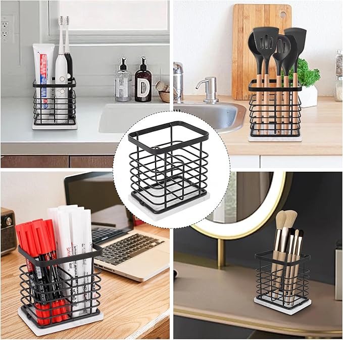 Toothbrush Holder, Luxurious Metal Toothbrush Toothpaste Holder with Marble Base for Bathroom, Multi-Slots Openwork Design, Bathroom Accessory for Storage and Organizer (Small, Matte Black)