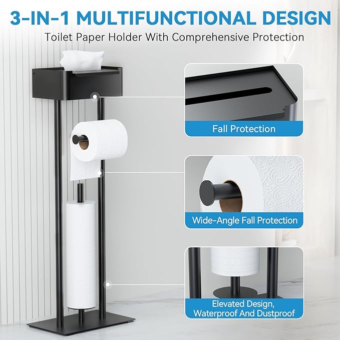 Toilet Paper Holder Free Standing - Toilet Paper Stand with Shelf - Storage for 4 Rolls- Bathroom Organizers, No Drill, for Large Toilet Rolls, 29.7 inch*12.6 inch (Matte Black)