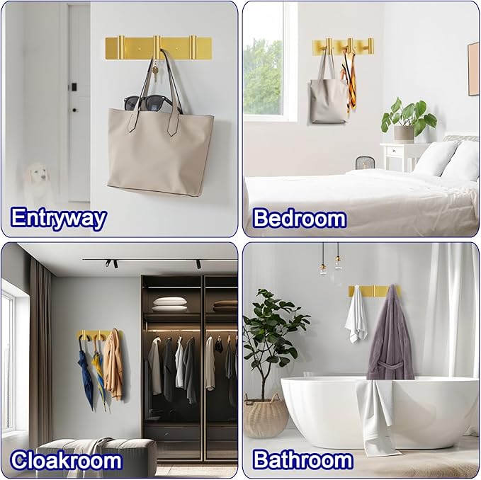 Bntuk Coat Rack Wall Mount - 3 Coat Hooks, Towel Racks for Bathroom Robes Bags Keys, Hat Rack Wall Towel Hooks Organizer (Gold)