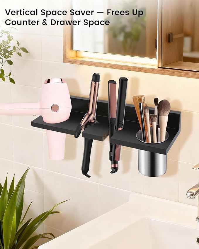 Hair Tool Organizer for Bathroom – Wall Mounted Hair Dryer Holder with Heat-Resistant Cups, Curling Iron & Straightener Rack, Blow Dryer Organizer for Vanity or Wall (Black)