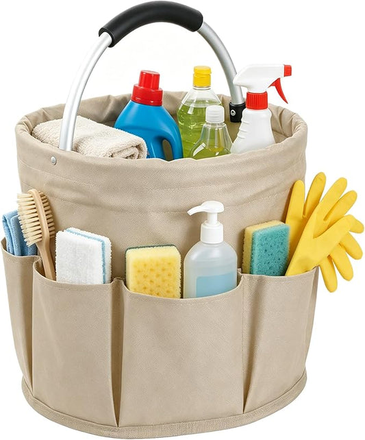 17L Cleaning Supply Caddy with Soft Handle, Portable Shower Caddy in 600D Oxford Fabric, Garden Tool Organizer Bag, Multifunctional Storage Basket for Bathroom, Garden, Khaki