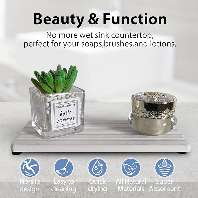 2 PCS Water Absorbing Stone Trays for Bathroom Sink & Kitchen Counter, Fast-Drying Diatomite Sink Caddy, Vanity Tray, Hand Soap Holder with Anti-Skid Pads (White, 8.7" x 4"/22 x 10cm)