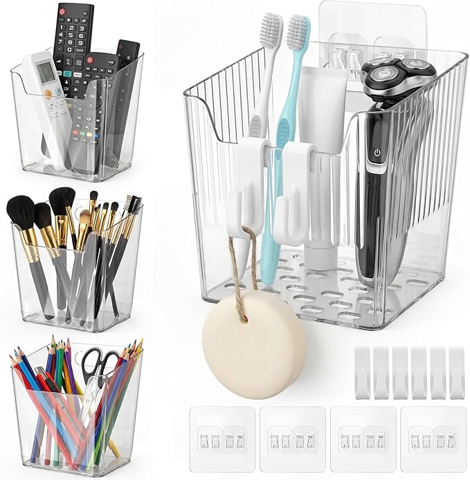 Wall Mount Organizer, 6 Hooks and 4 Pack Cabinet Door Storage Bins, Space-Saving Adhesive Bathroom Wall Organizer, Wall Storage for Office, Cabinet, Pantry, Kitchen, Makeup
