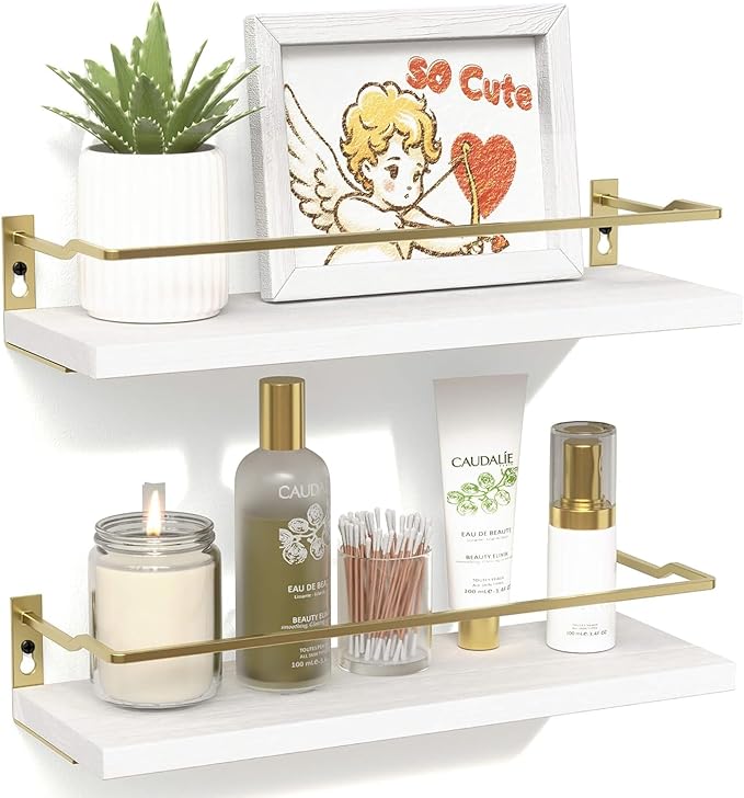 RICHER HOUSE Bathroom Shelves, Small Floating Wall Shelf for Bathroom Decor, Wall Mounted Wood Shelves, Bathroom Organizer Over Toilet Storage, Guard-Rail Kitchen Shelves Set of 2 - White Gold