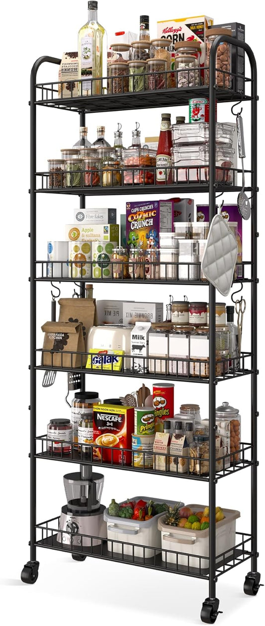 6 Tier Slim Storage Cart with Wheels, Metal Mobile Shelving Unit Organizer Utility Cart for Office Bathroom Kitchen Laundry Room Narrow Places (10inches)
