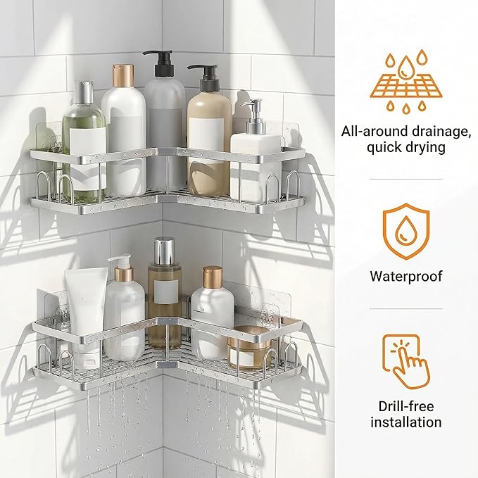 2 Pack Corner Shower Caddy, Adhesive Shower Organizer No Drilling Bathroom Shelves, Carbon Steel Storage Rack with 8 Hooks, Silver