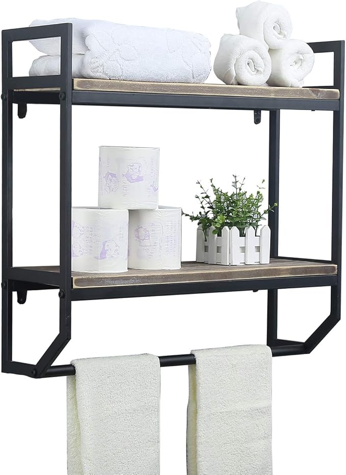 Towel Rack with Towel Bar,2-Tier 24" Bathroom Shelves Wall Mounted,Rustic Wall Shelf Over Toilet,Utility Storage Shelf Rack,Floating Shelves Towel Holder,Black