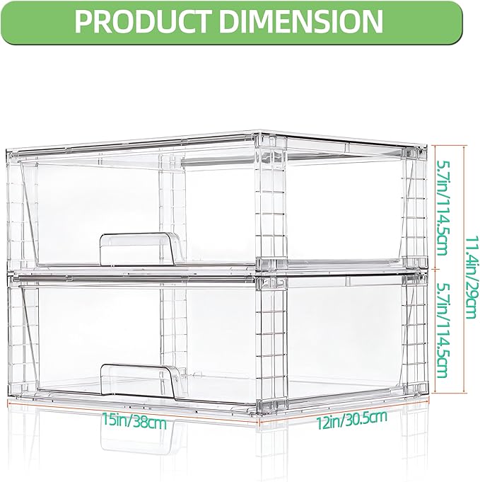 Wide Large Stackable Storage Drawers(3 Pack),Multi-purpose Clear Plastic Organizer Bins with Handles, Easy to Assemble for Bathroom Home Closet Under Sink Kitchen Pantry Medicine Cabinet